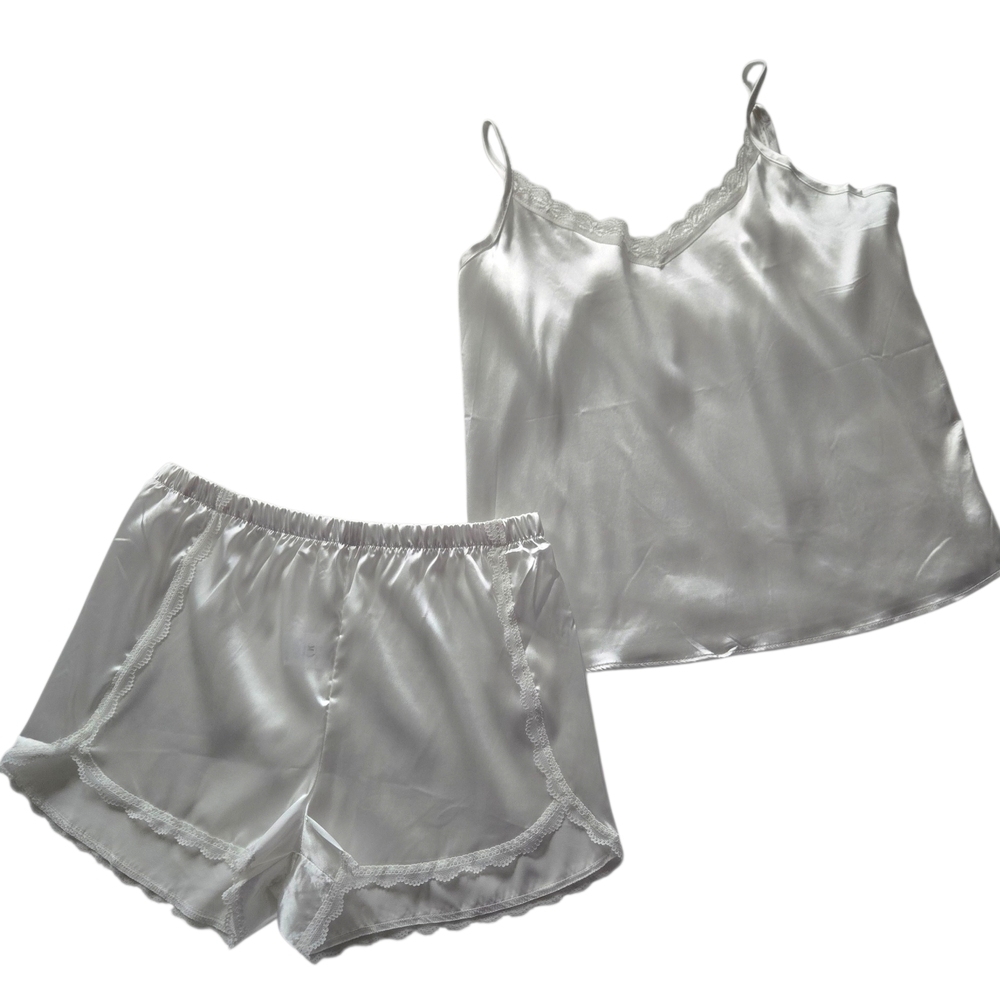 Satin Pajama Set Women M White Silky Cami Shorts Lace Trim Bridal Sleepwear NWOT